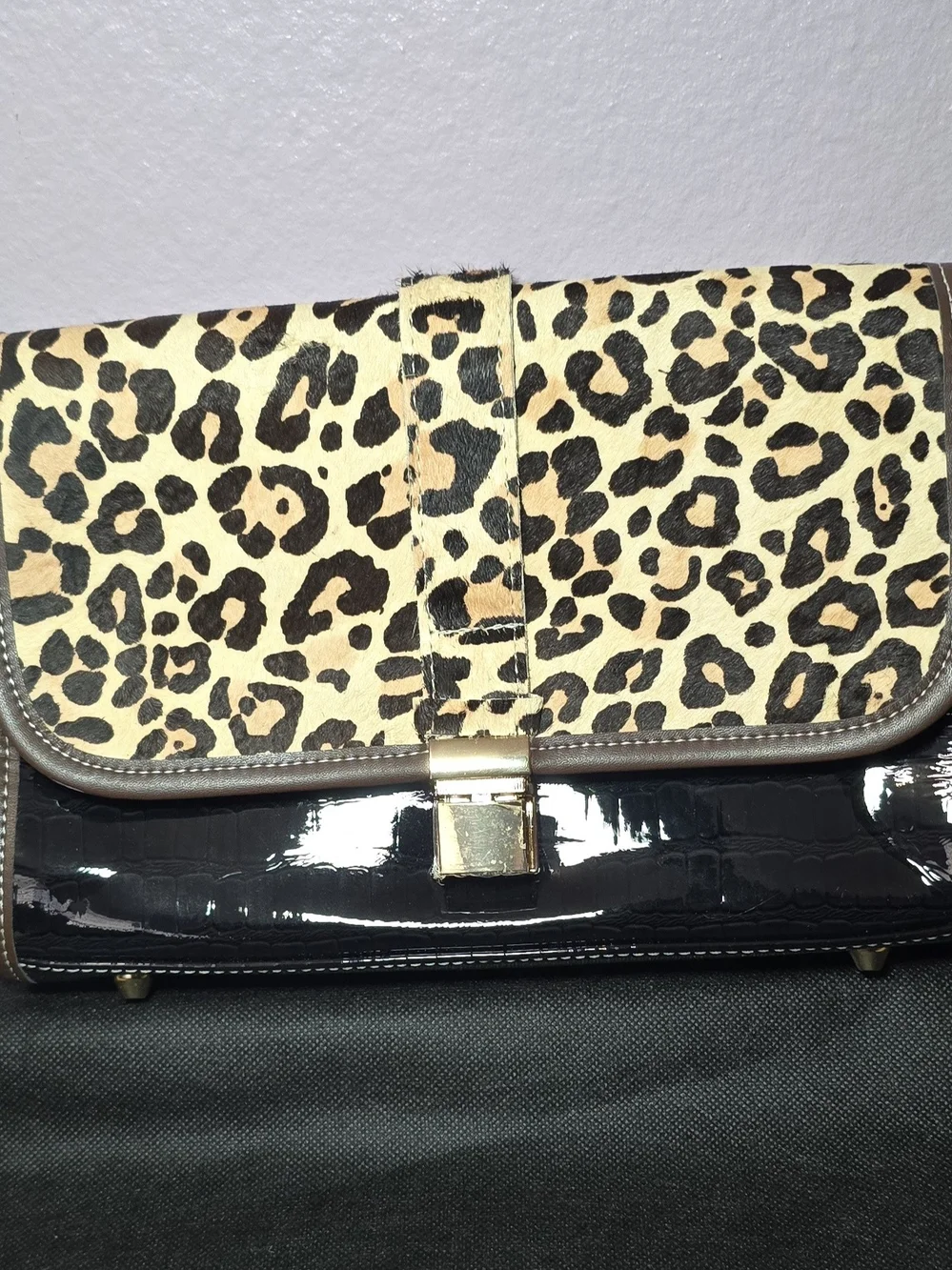 Leopard Print and Black Patent Genuine Leather Crossbody Bag